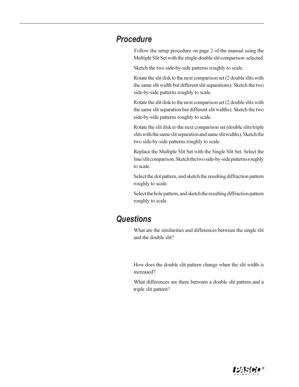 Procedure, Questions | PASCO OS-8529 SLIT ACCESSORY User Manual | Page 12 / 14