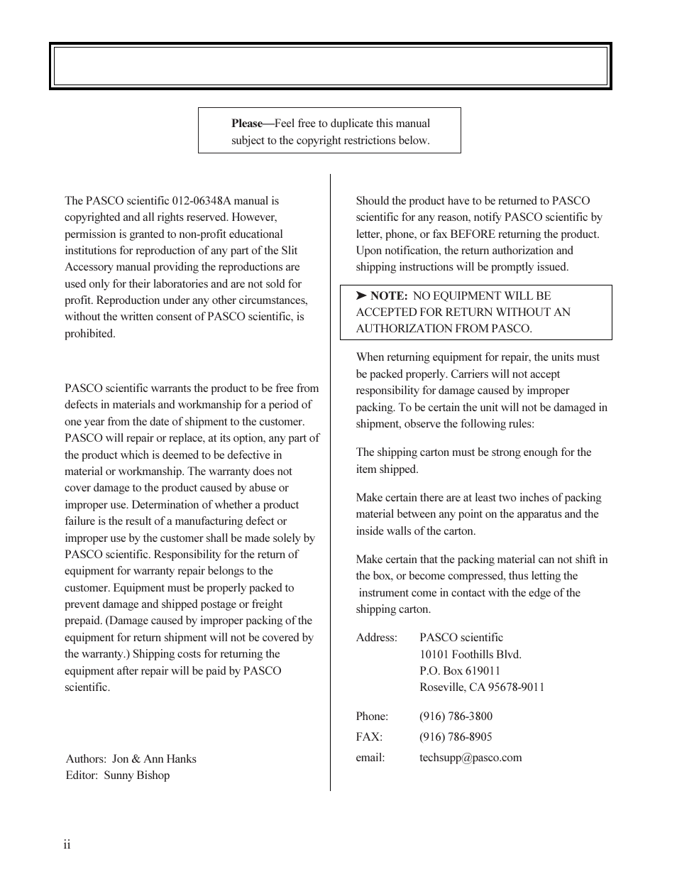 Copyright, warranty, and equipment return | PASCO OS-8529 SLIT ACCESSORY User Manual | Page 4 / 14