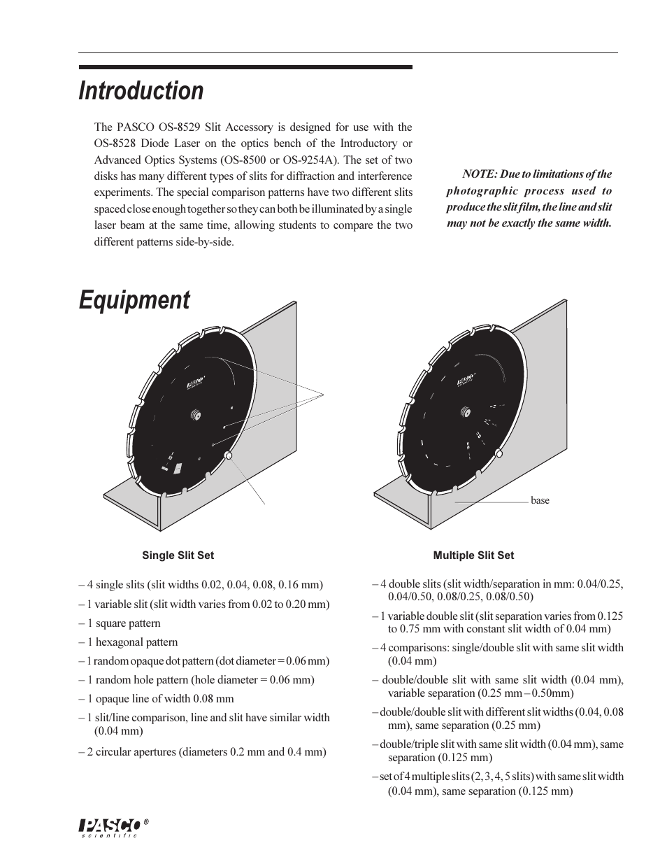 Introduction equipment, Single slit set multiple slit set, Base | Slits stopper, Mult ipl e slit set, Single slit set | PASCO OS-8529 SLIT ACCESSORY User Manual | Page 5 / 14