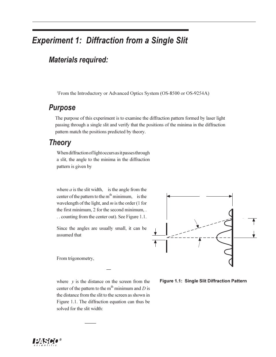 Experiment 1: diffraction from a single slit, Purpose, Theory | Materials required | PASCO OS-8529 SLIT ACCESSORY User Manual | Page 7 / 14