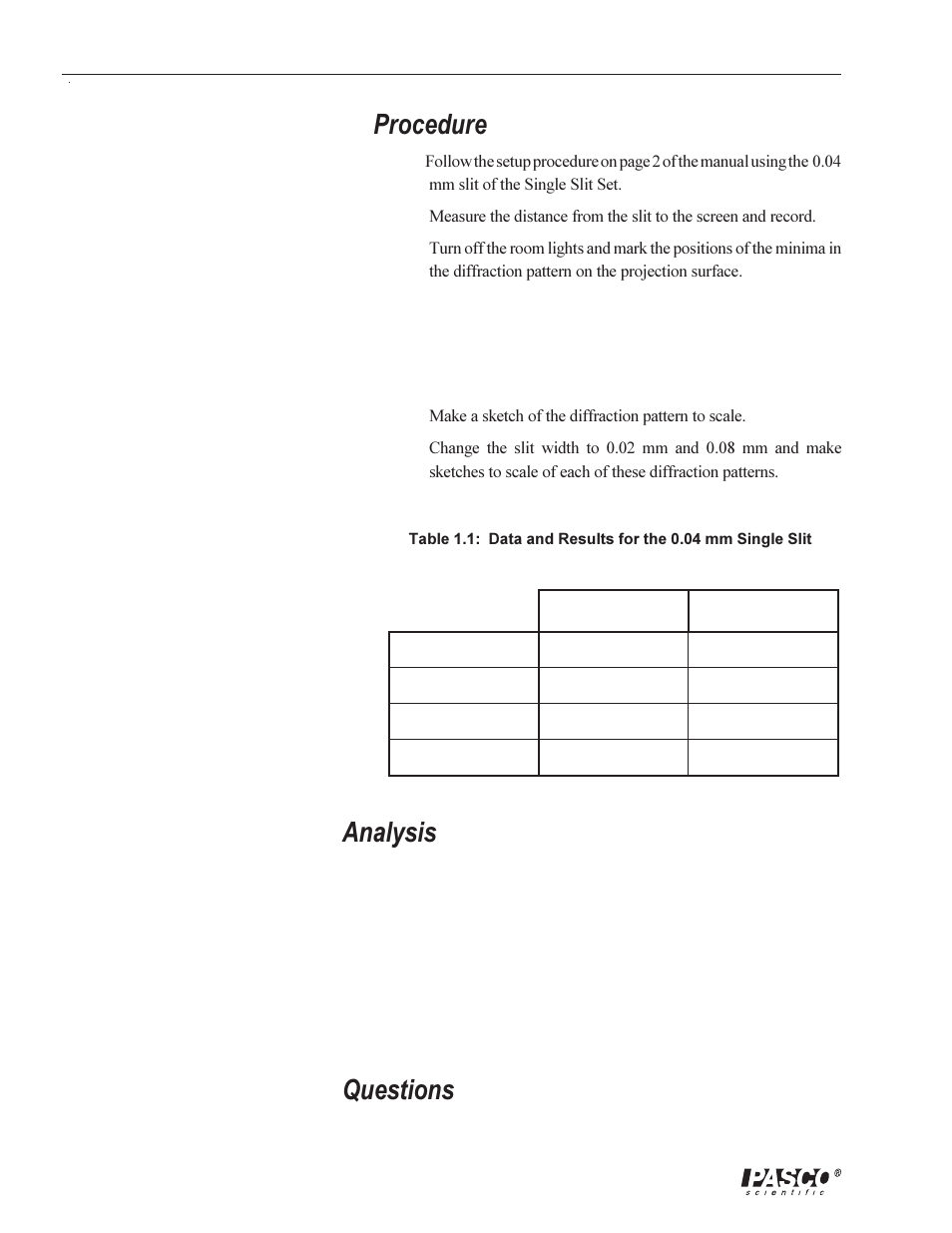 Procedure, Analysis, Questions | PASCO OS-8529 SLIT ACCESSORY User Manual | Page 8 / 14