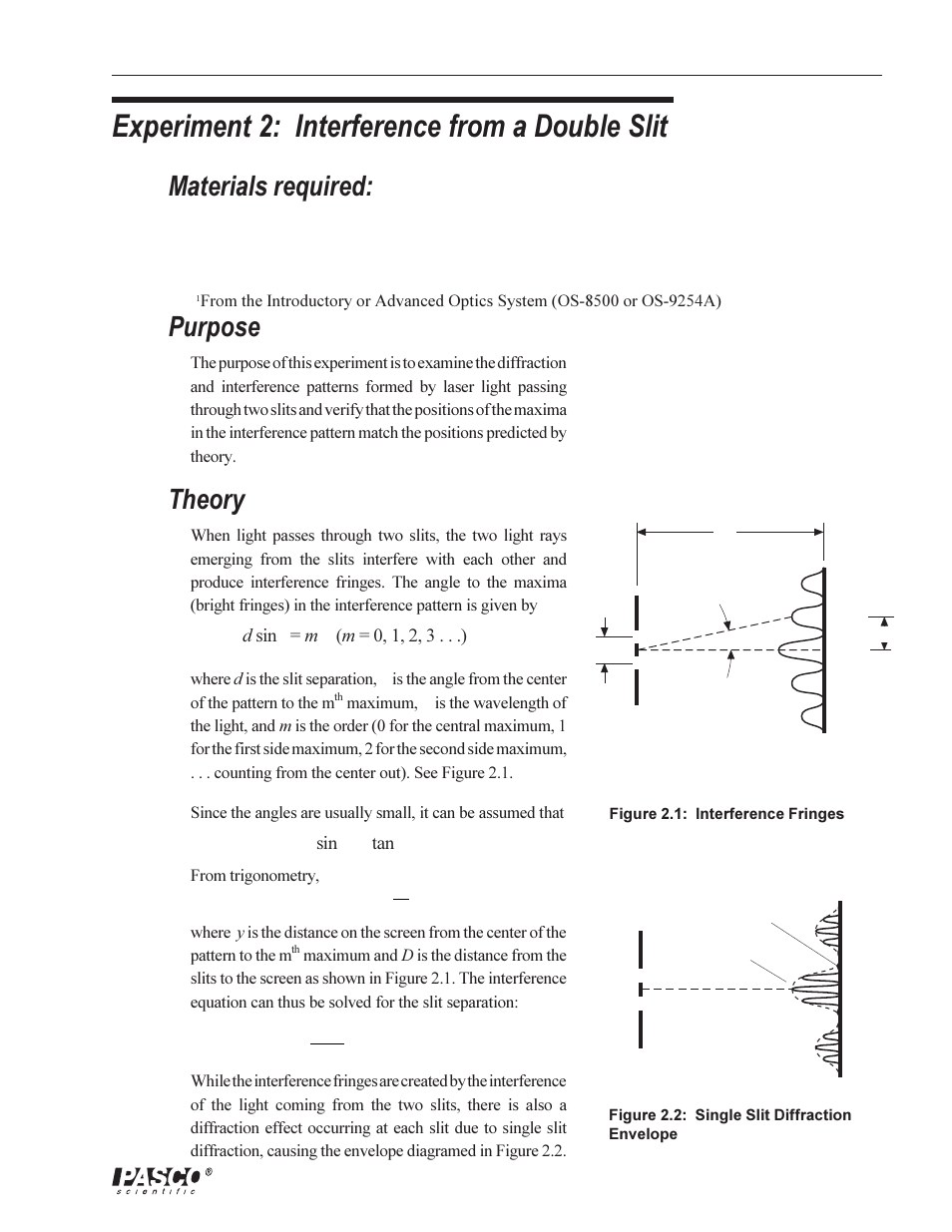 Experiment 2: interference from a double slit, Purpose, Theory | Materials required | PASCO OS-8529 SLIT ACCESSORY User Manual | Page 9 / 14