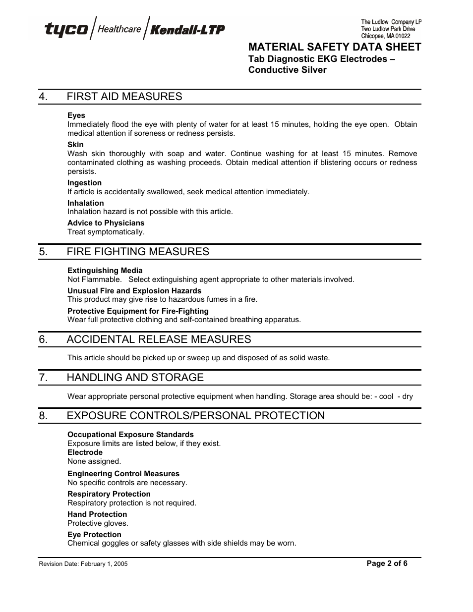 Material safety data sheet, First aid measures, Fire fighting measures | Accidental release measures, Handling and storage, Exposure controls/personal protection | PASCO CI-6620 EKG Sensor Electrode Patches User Manual | Page 2 / 6