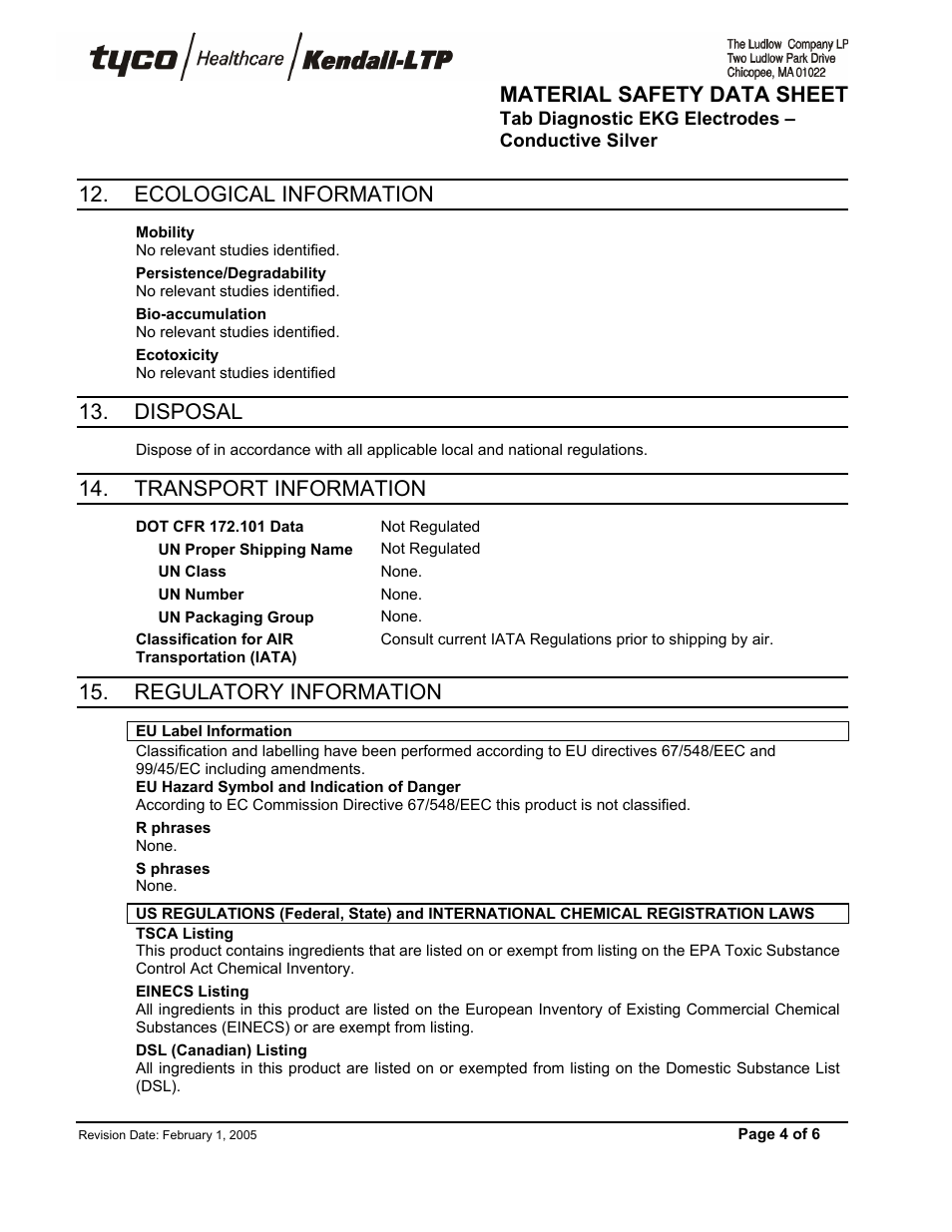 Material safety data sheet, Ecological information, Disposal | Transport information, Regulatory information | PASCO CI-6620 EKG Sensor Electrode Patches User Manual | Page 4 / 6