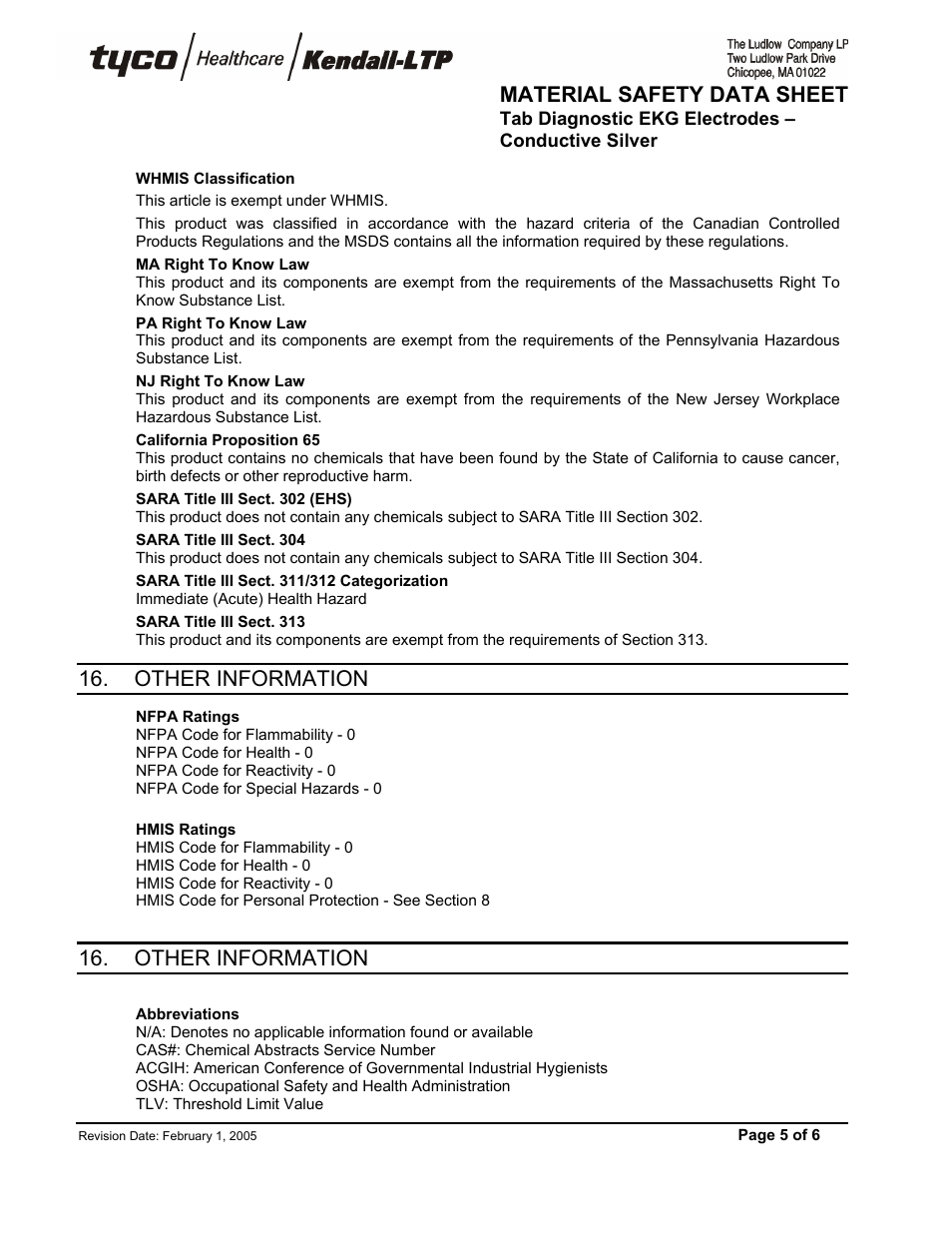 Material safety data sheet, Other information | PASCO CI-6620 EKG Sensor Electrode Patches User Manual | Page 5 / 6