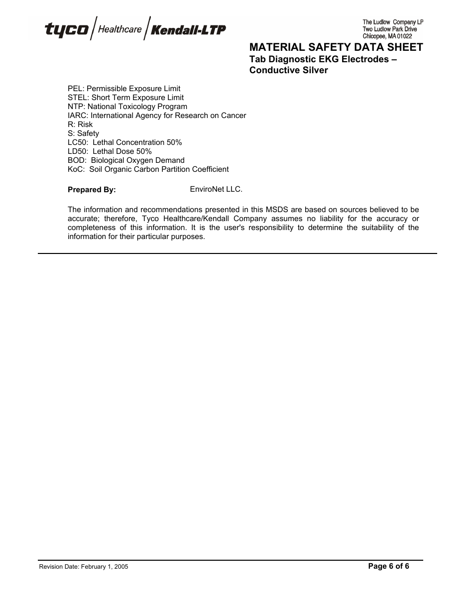 Material safety data sheet | PASCO CI-6620 EKG Sensor Electrode Patches User Manual | Page 6 / 6