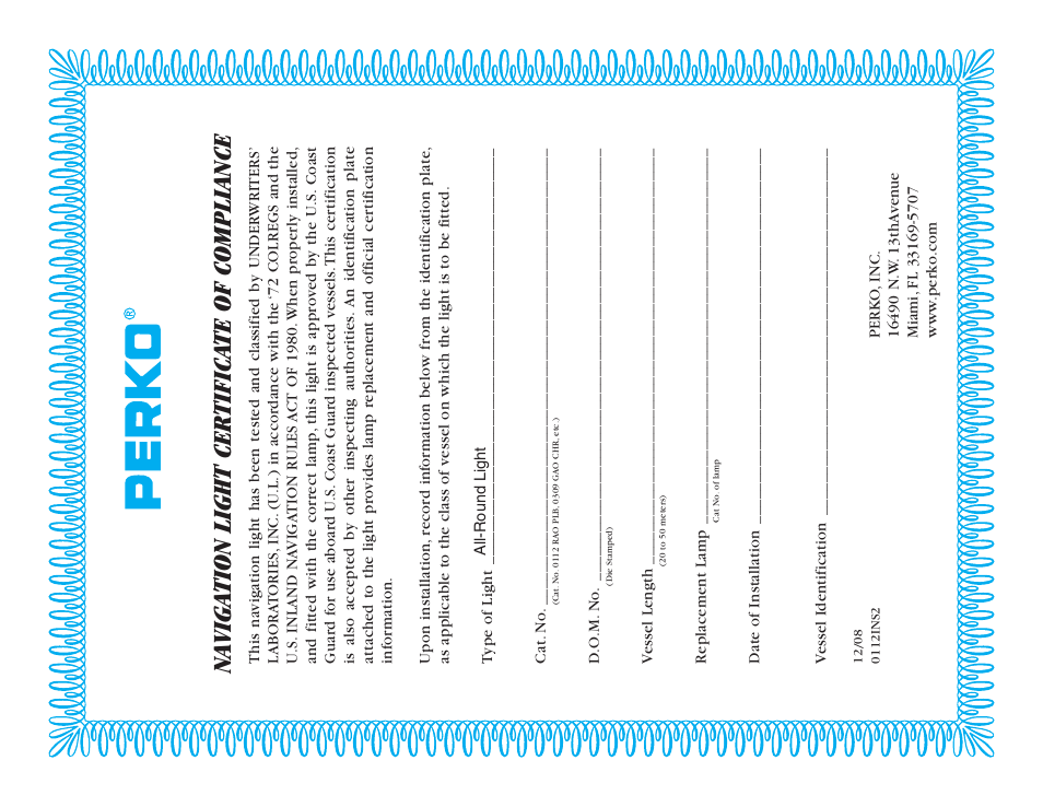 Na viga tion light certifica te of compliance | PERKO 0309B User Manual | Page 3 / 3