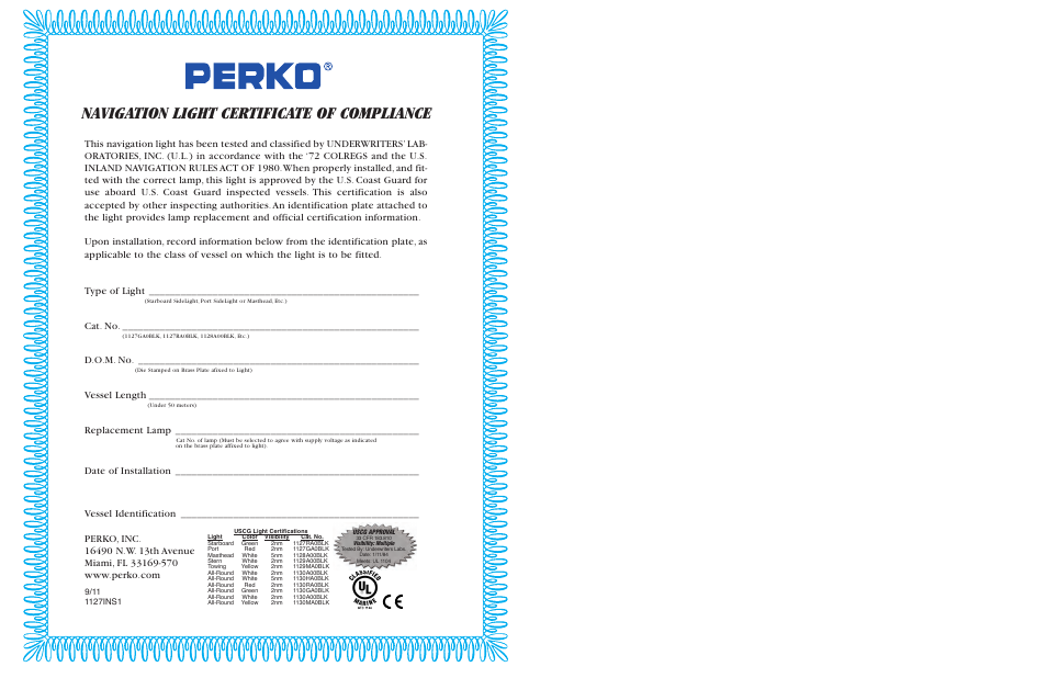 Navigation light certificate of compliance, Cat. no, D.o.m. no | Vessel length, Replacement lamp | PERKO 1130 User Manual | Page 2 / 2