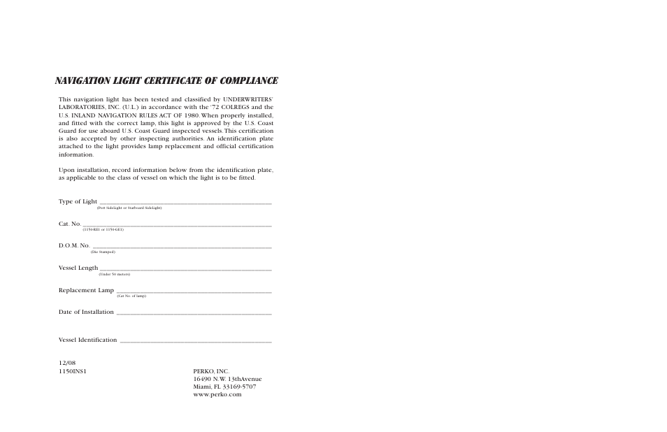 Navigation light certificate of compliance | PERKO 1150 User Manual | Page 2 / 4