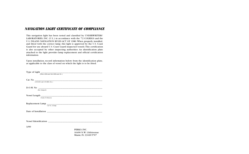 Navigation light certificate of compliance | PERKO 1154 User Manual | Page 2 / 2
