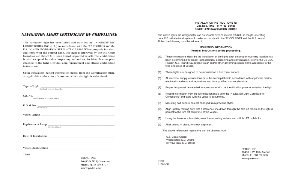 Navigation light certificate of compliance | PERKO 1174 User Manual | Page 2 / 2