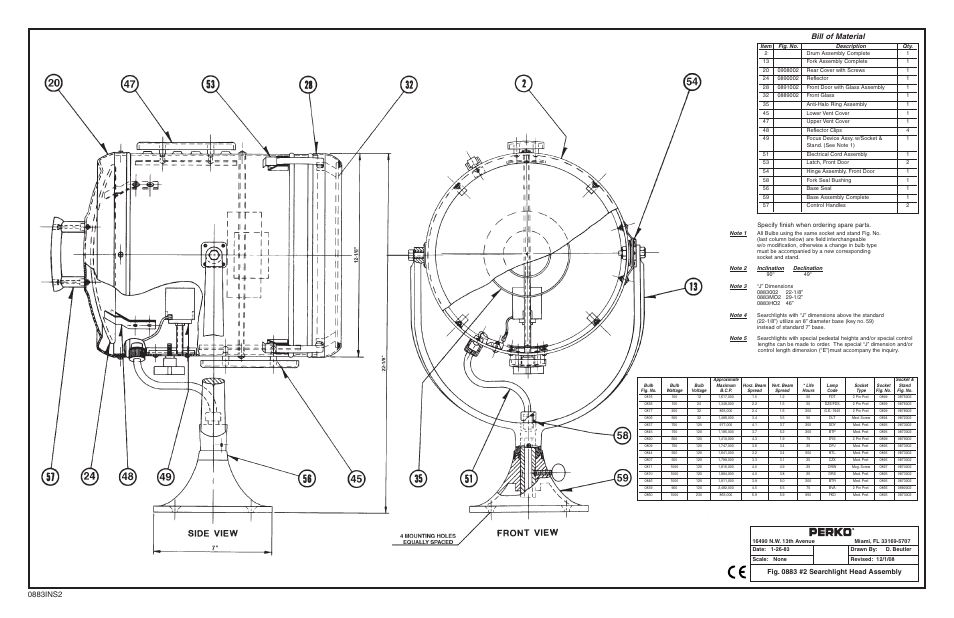 Fig 883 2 searchlight inst.pdf, Bill of material, Specify finish when ordering spare parts | PERKO 0883 User Manual | Page 2 / 3