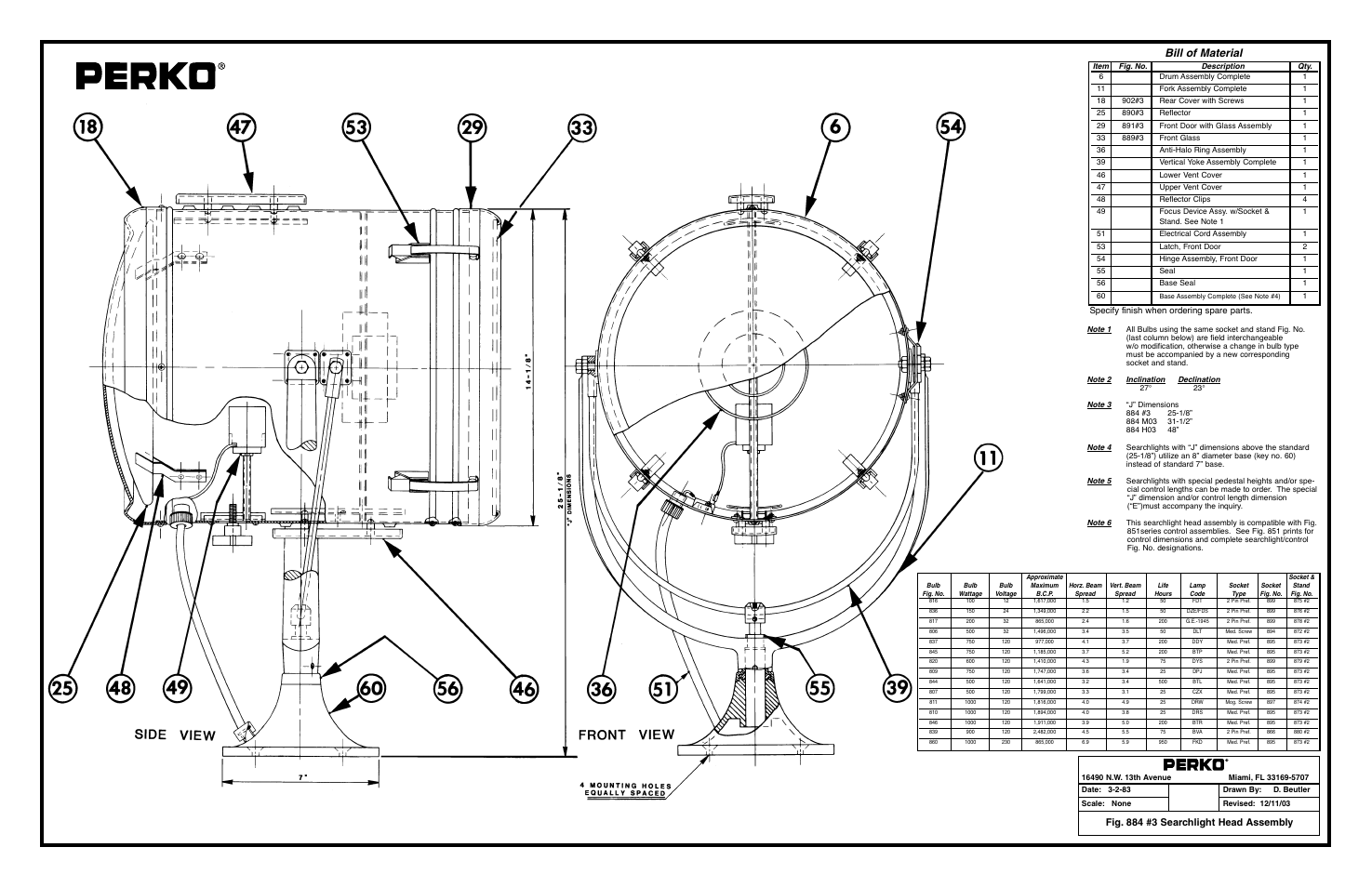 Fig 884 3 searchlight inst.pdf, Bill of material, Fig. 884 #3 searchlight head assembly | Specify finish when ordering spare parts | PERKO 0884 User Manual | Page 3 / 3