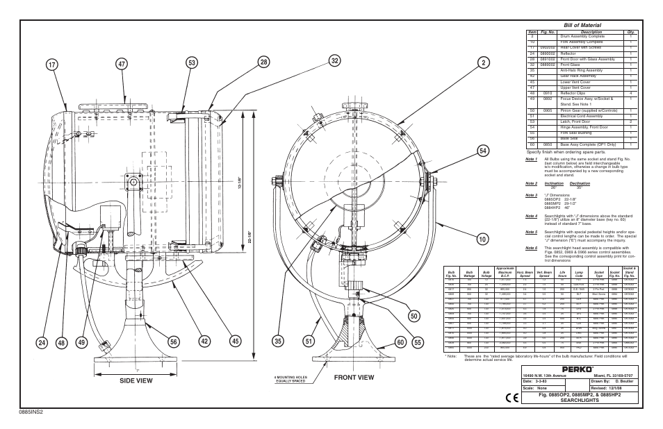 Fig 0885 #2 searchlight inst (0885ins2).pdf, Bill of material, Specify finish when ordering spare parts | PERKO 0885 User Manual | Page 2 / 2