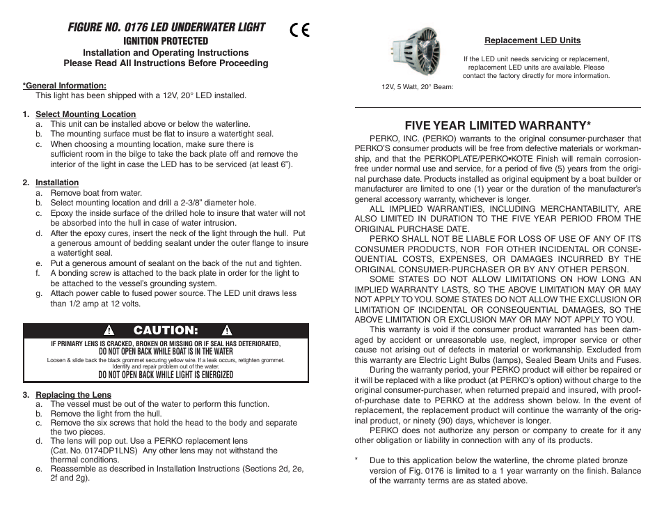 Figure no. 0176 led underwater light, Five year limited warranty, Caution | PERKO 0176 User Manual | Page 2 / 2