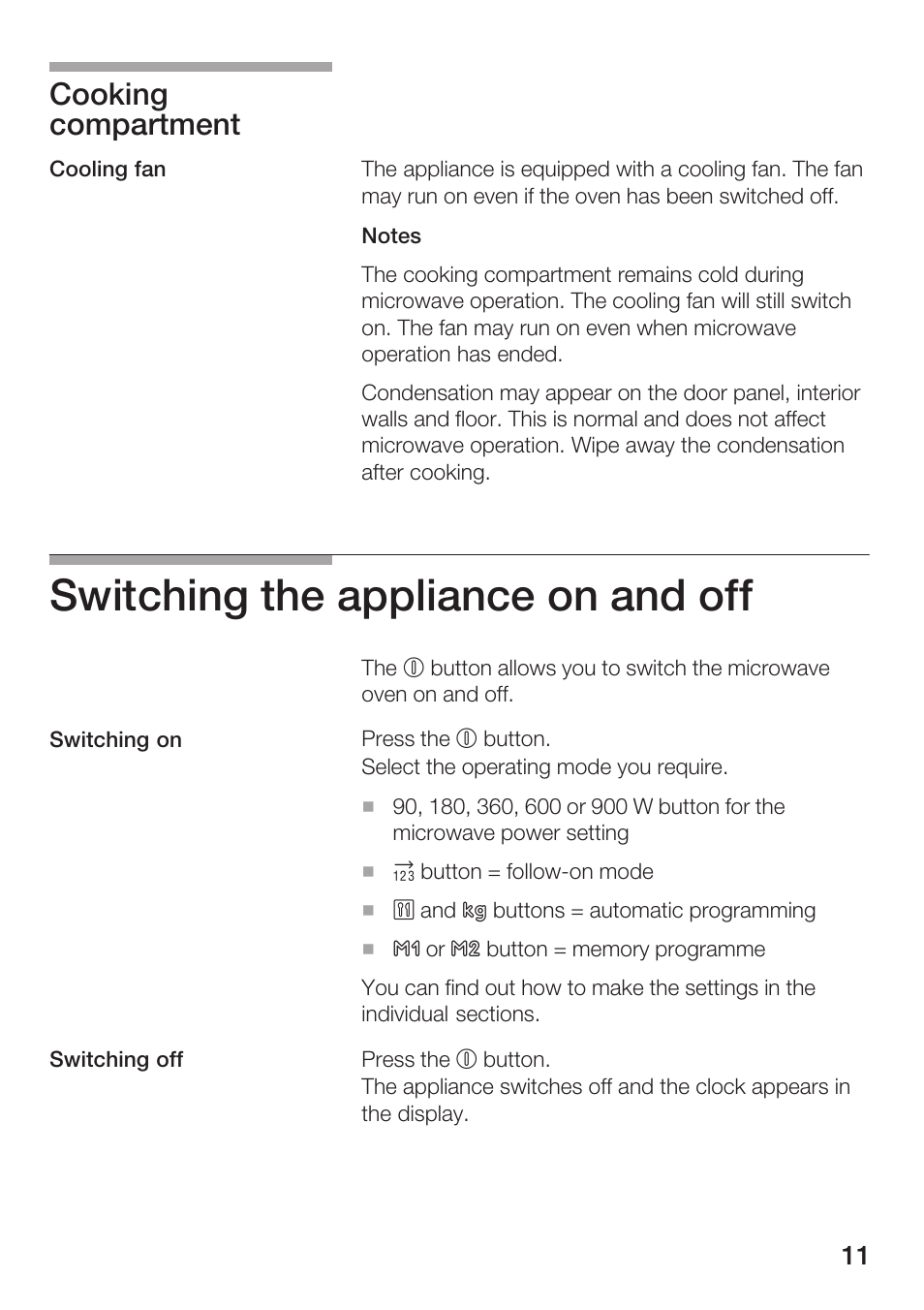 Switching the appliance on and off, Cooking compartment | Bosch HMT 85ML63 User Manual | Page 11 / 152