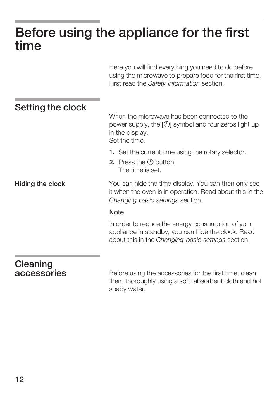 Before using the appliance for the first time, Setting the clock, Cleaning accessories | Bosch HMT 85ML63 User Manual | Page 12 / 152