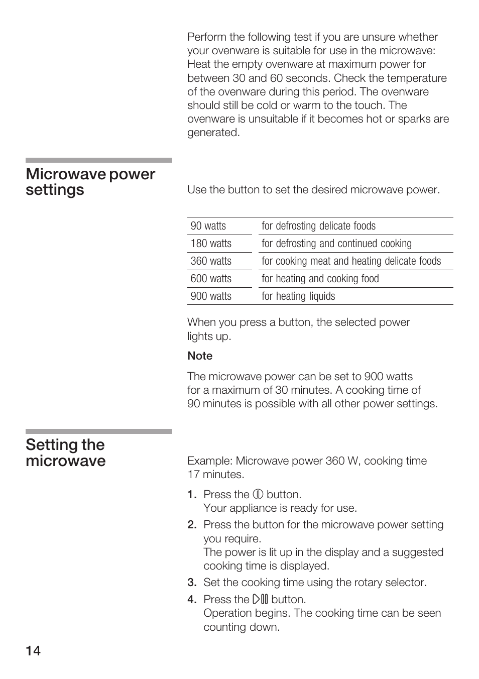 Microwave power settings setting the microwave | Bosch HMT 85ML63 User Manual | Page 14 / 152