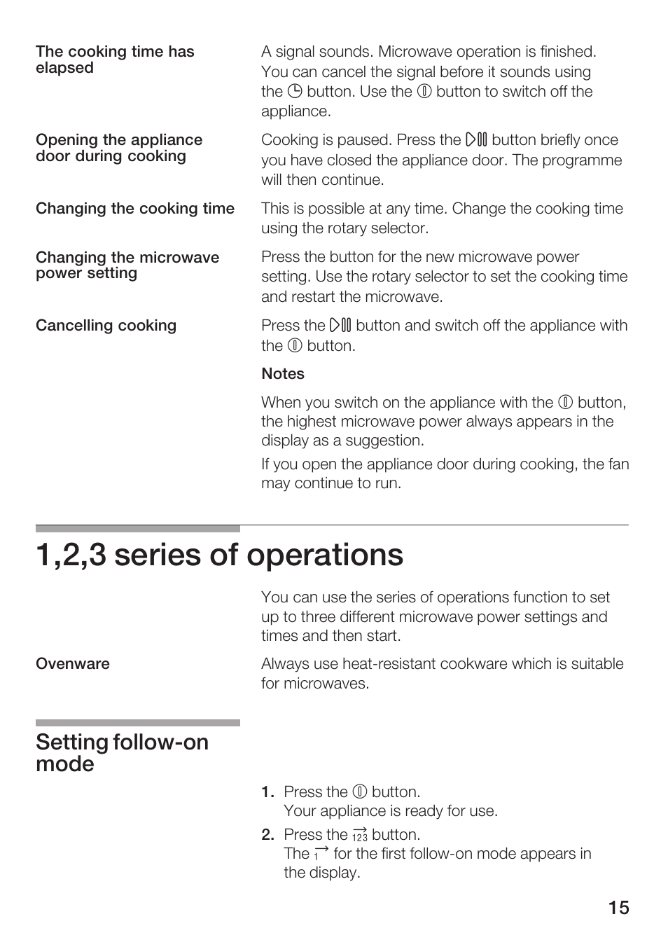 1,2,3 series of operations, Setting followćon mode | Bosch HMT 85ML63 User Manual | Page 15 / 152