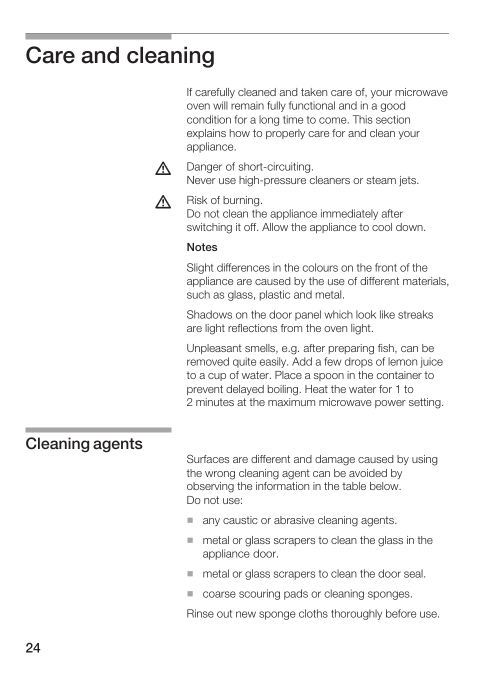 Care and cleaning, Cleaning agents | Bosch HMT 85ML63 User Manual | Page 24 / 152