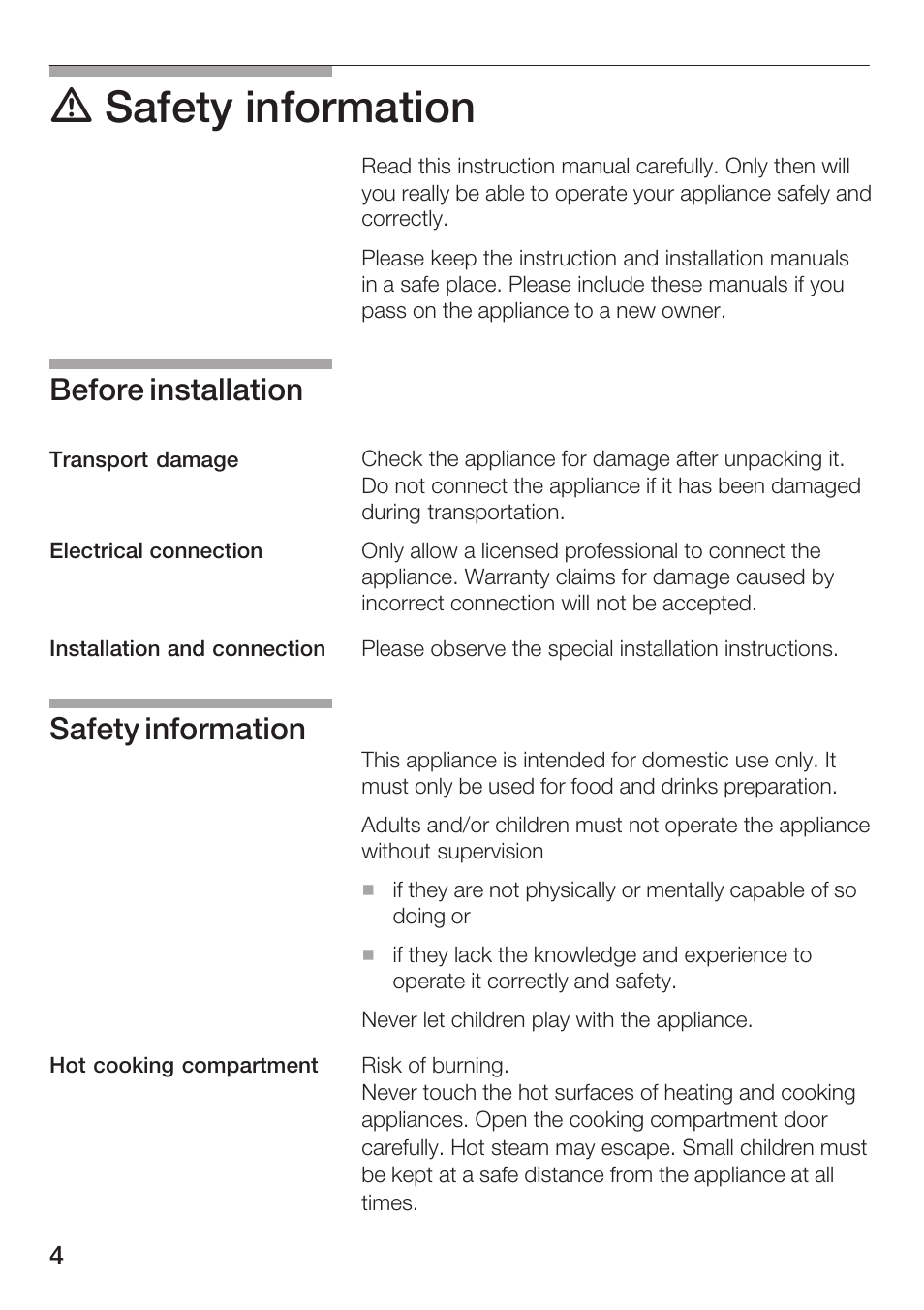 D safety information, Before installation, Safety information | Bosch HMT 85ML63 User Manual | Page 4 / 152