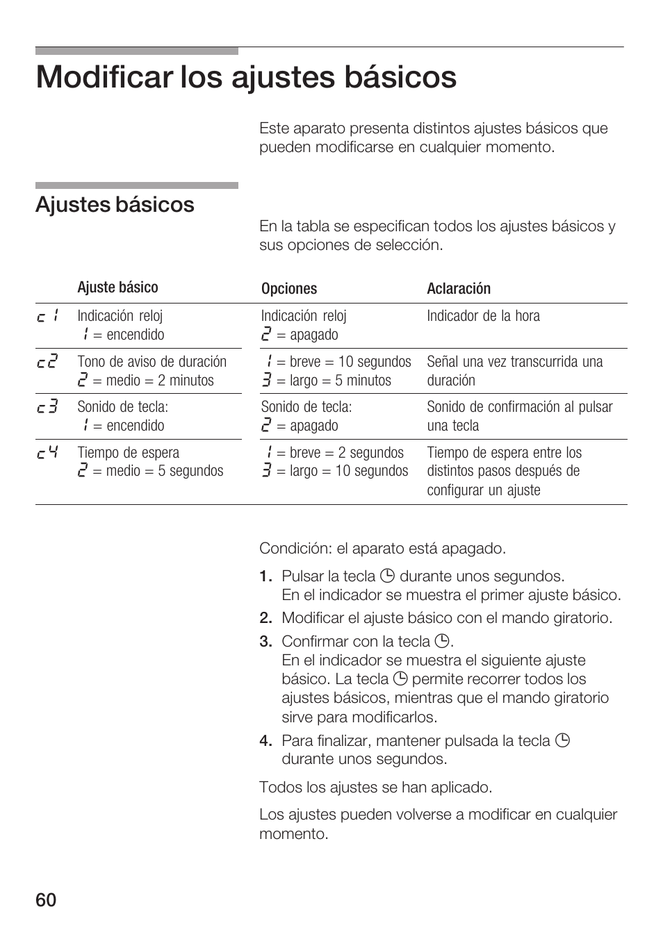 Modificar los ajustes básicos, Ajustes básicos | Bosch HMT 85ML63 User Manual | Page 60 / 152