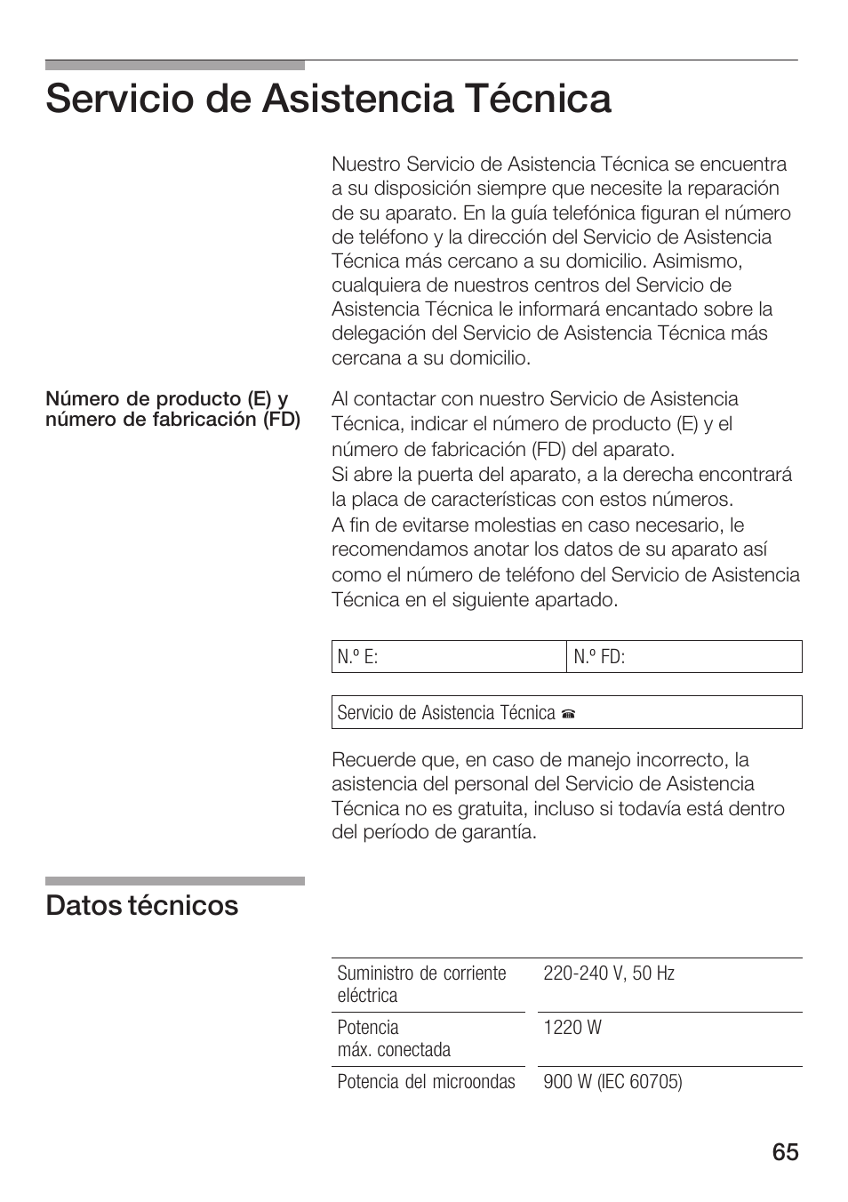 Servicio de asistencia técnica, Datos técnicos | Bosch HMT 85ML63 User Manual | Page 65 / 152