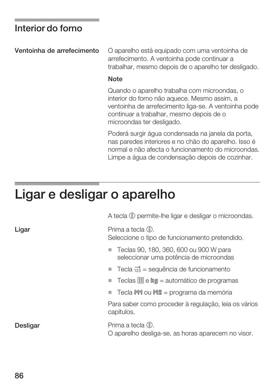 Ligar e desligar o aparelho, Interior do forno | Bosch HMT 85ML63 User Manual | Page 86 / 152