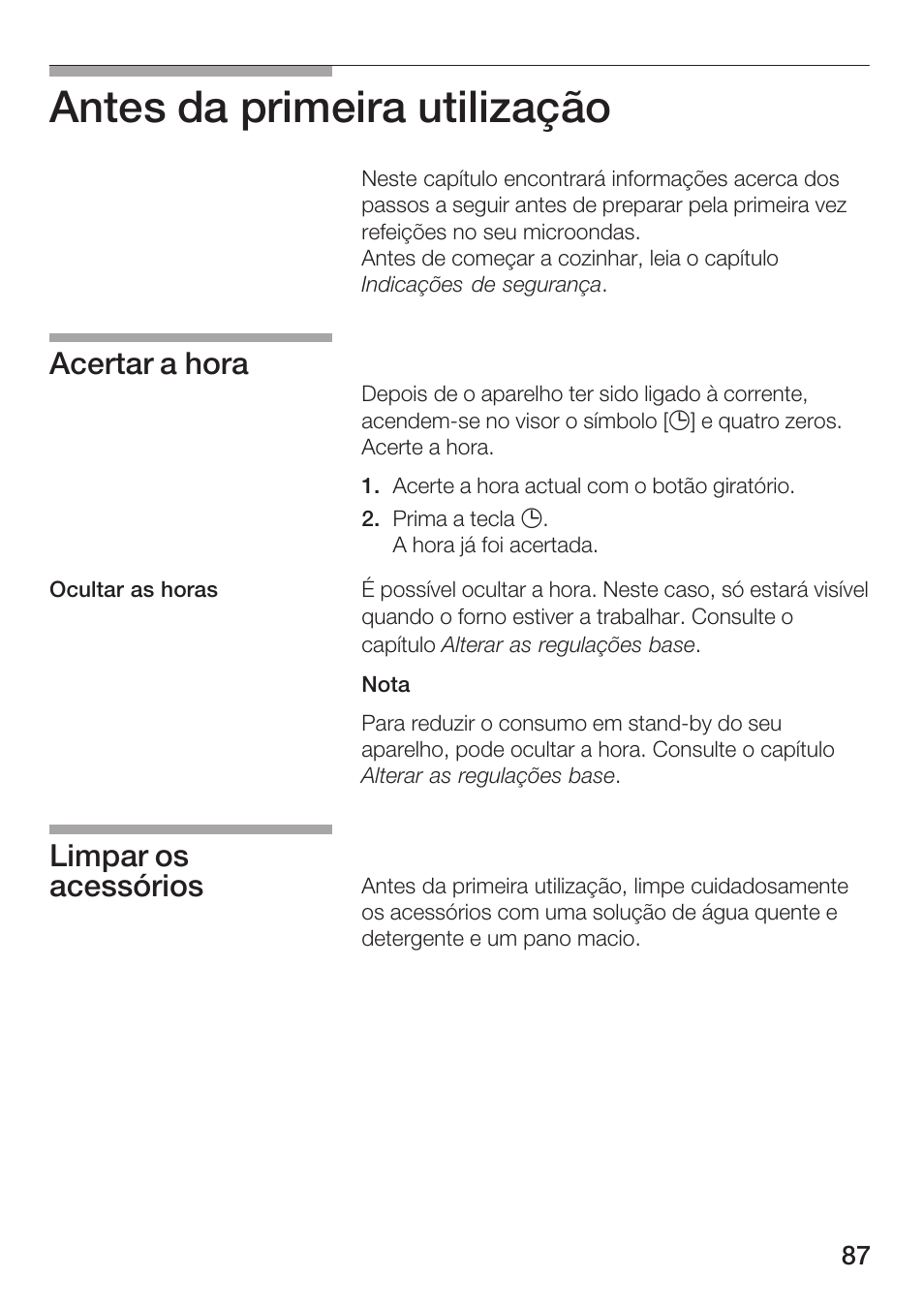 Antes da primeira utilização, Acertar a hora, Limpar os acessórios | Bosch HMT 85ML63 User Manual | Page 87 / 152