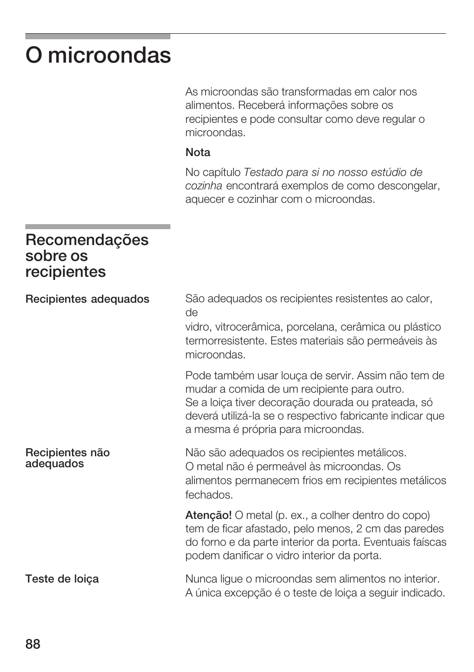 O microondas, Recomendações sobre os recipientes | Bosch HMT 85ML63 User Manual | Page 88 / 152