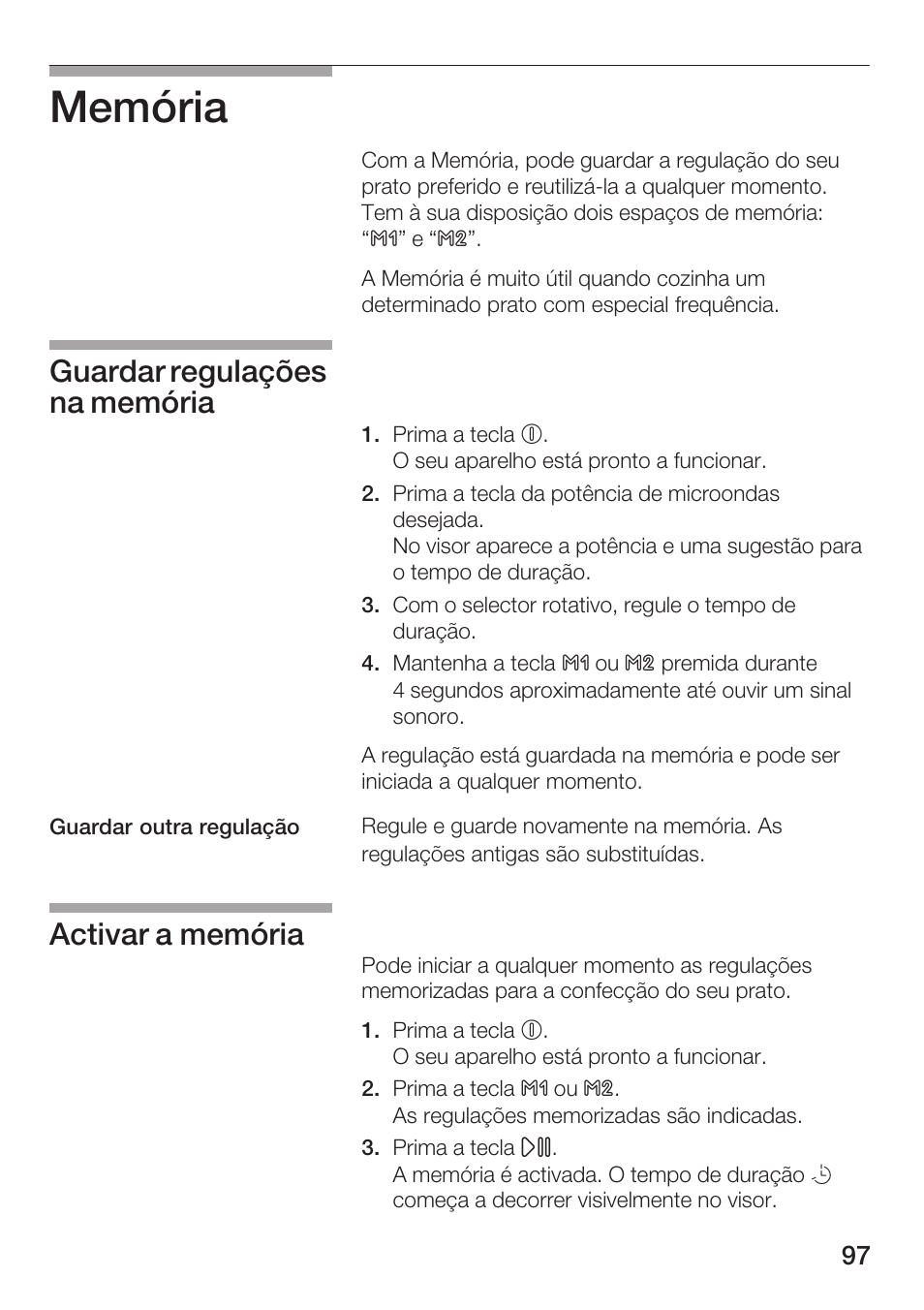 Memória, Guardar regulações na memória, Activar a memória | Bosch HMT 85ML63 User Manual | Page 97 / 152