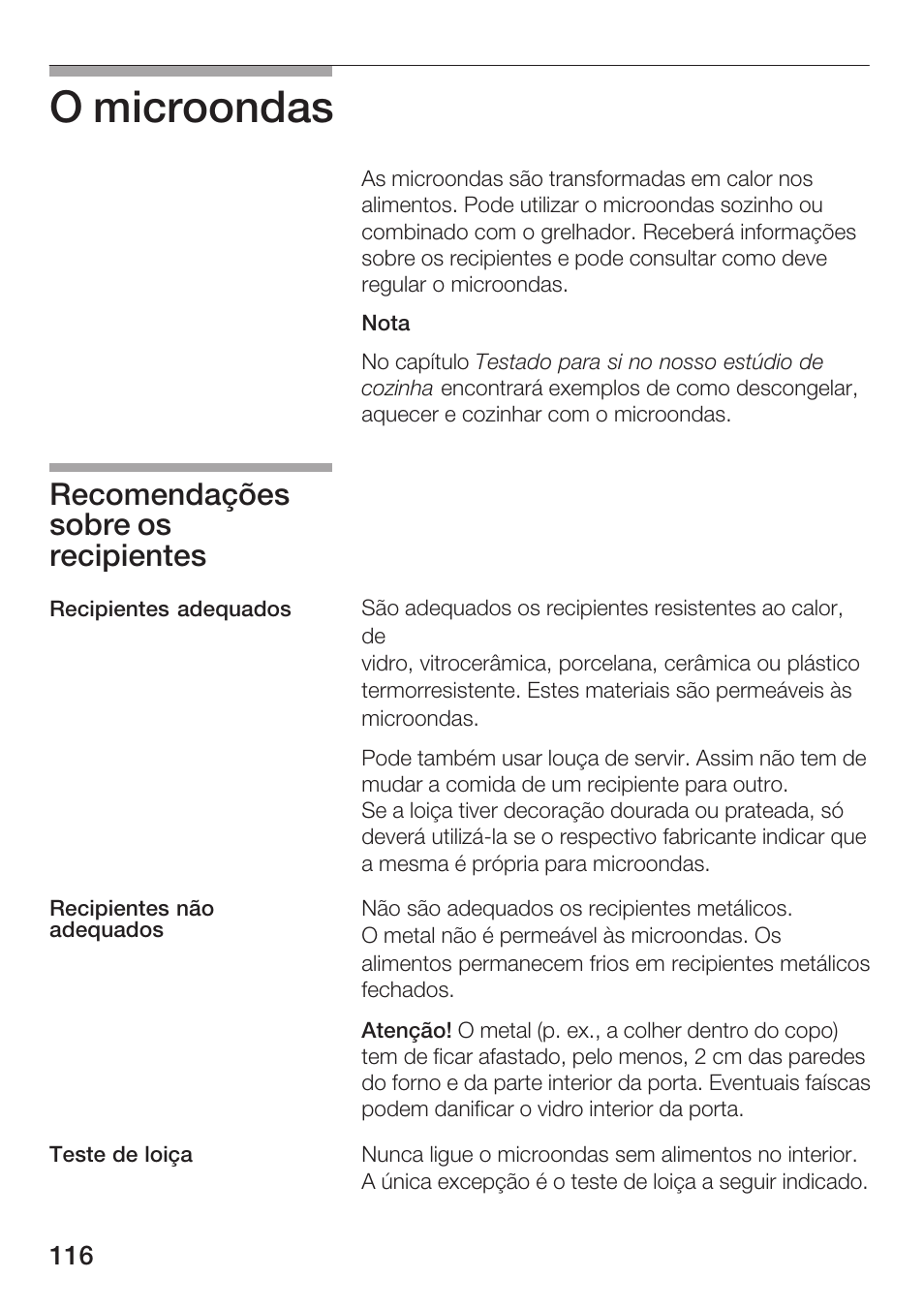 O microondas, Recomendações sobre os recipientes | Bosch HMT 85GL53 User Manual | Page 116 / 204