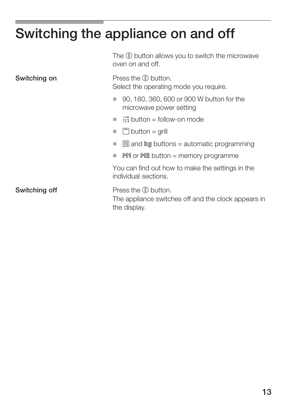 Switching the appliance on and off | Bosch HMT 85GL53 User Manual | Page 13 / 204