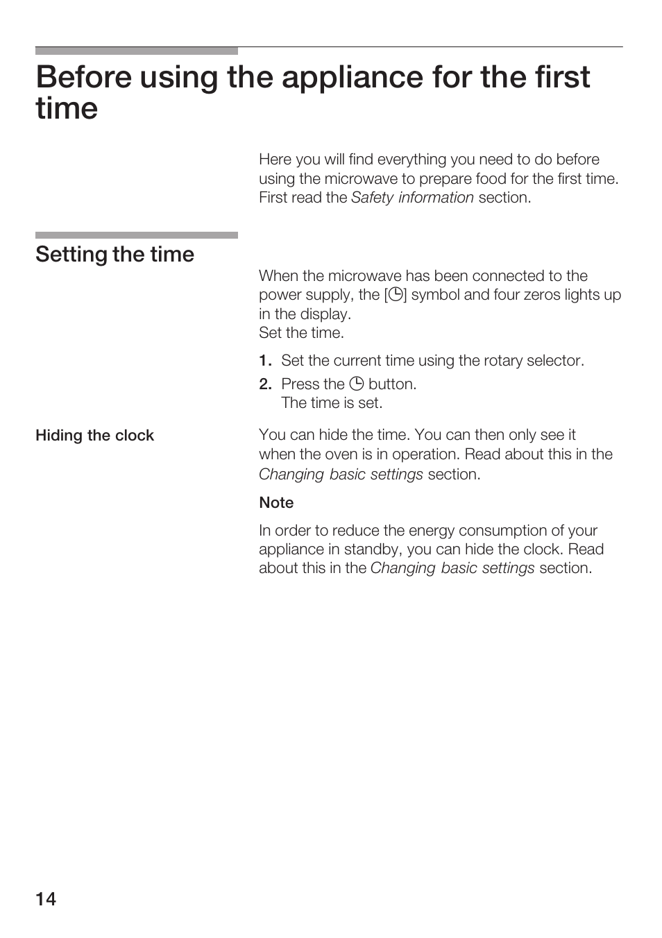 Before using the appliance for the first time, Setting the time | Bosch HMT 85GL53 User Manual | Page 14 / 204