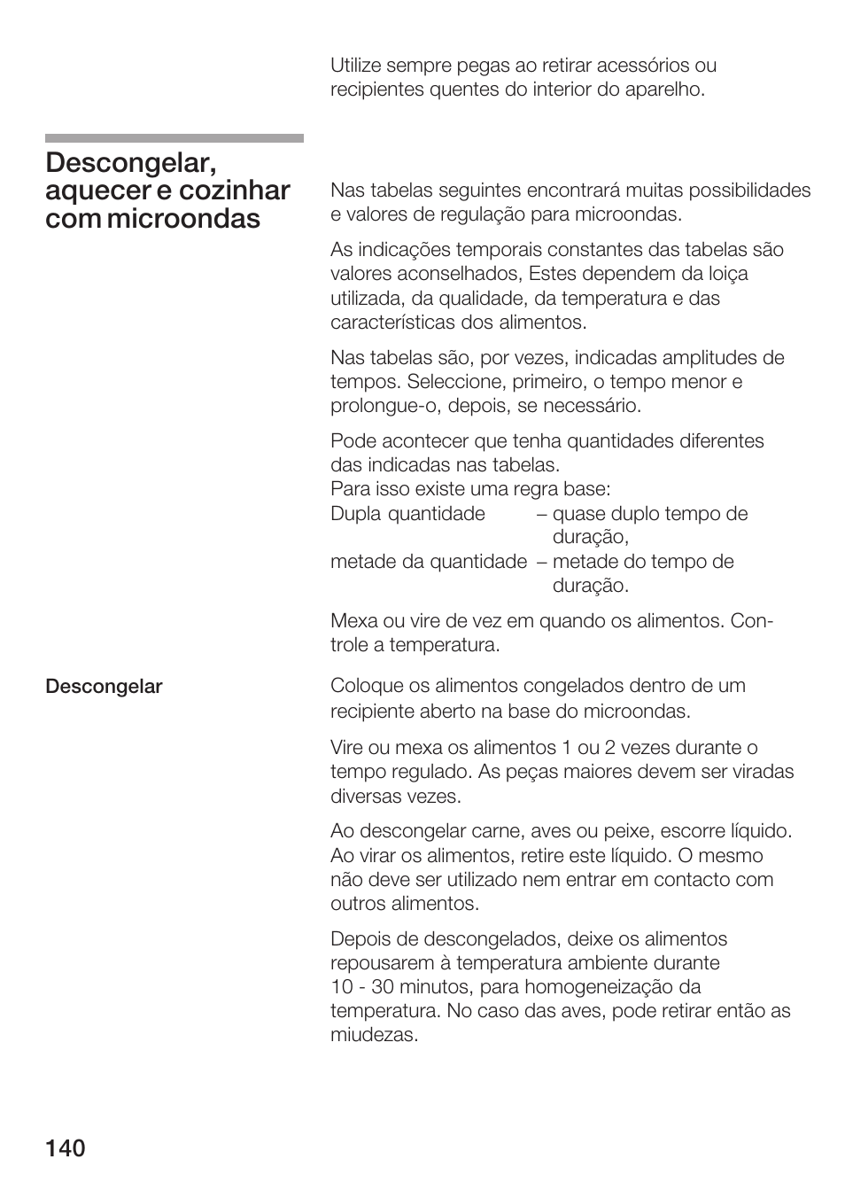 Descongelar, aquecer e cozinhar com microondas | Bosch HMT 85GL53 User Manual | Page 140 / 204