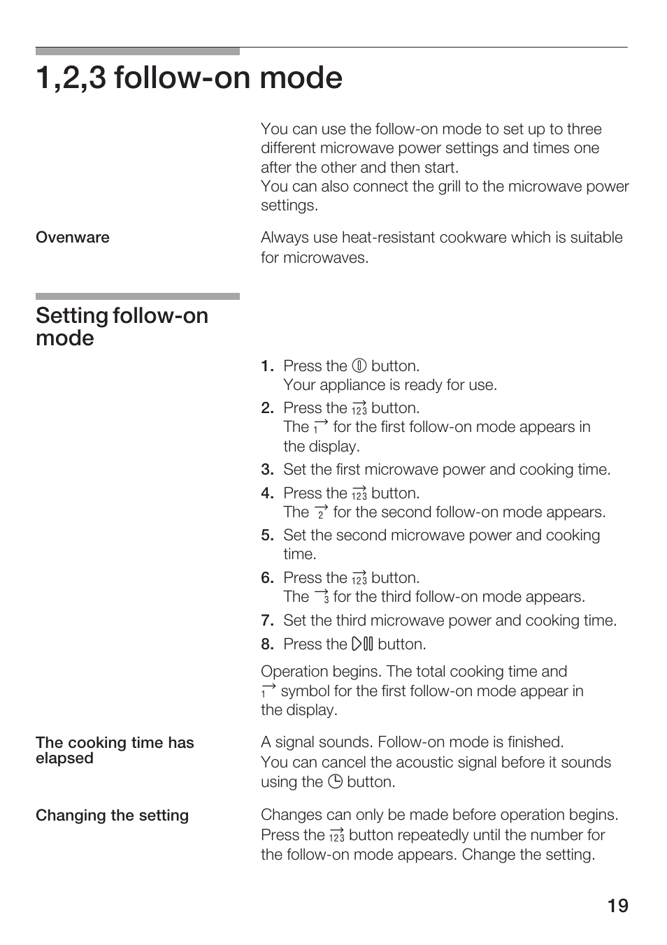 1,2,3 followćon mode, Setting followćon mode | Bosch HMT 85GL53 User Manual | Page 19 / 204