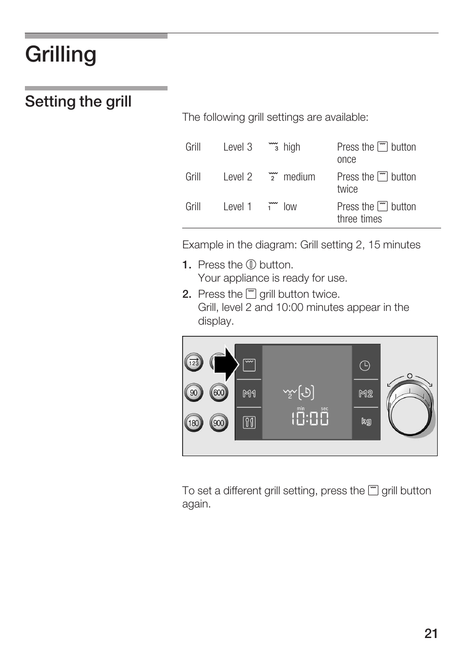 Grilling, Setting the grill | Bosch HMT 85GL53 User Manual | Page 21 / 204