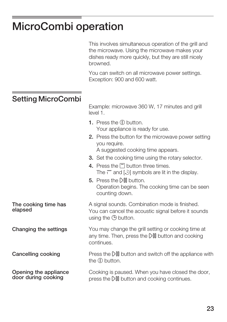 Microcombi operation, Setting microcombi | Bosch HMT 85GL53 User Manual | Page 23 / 204