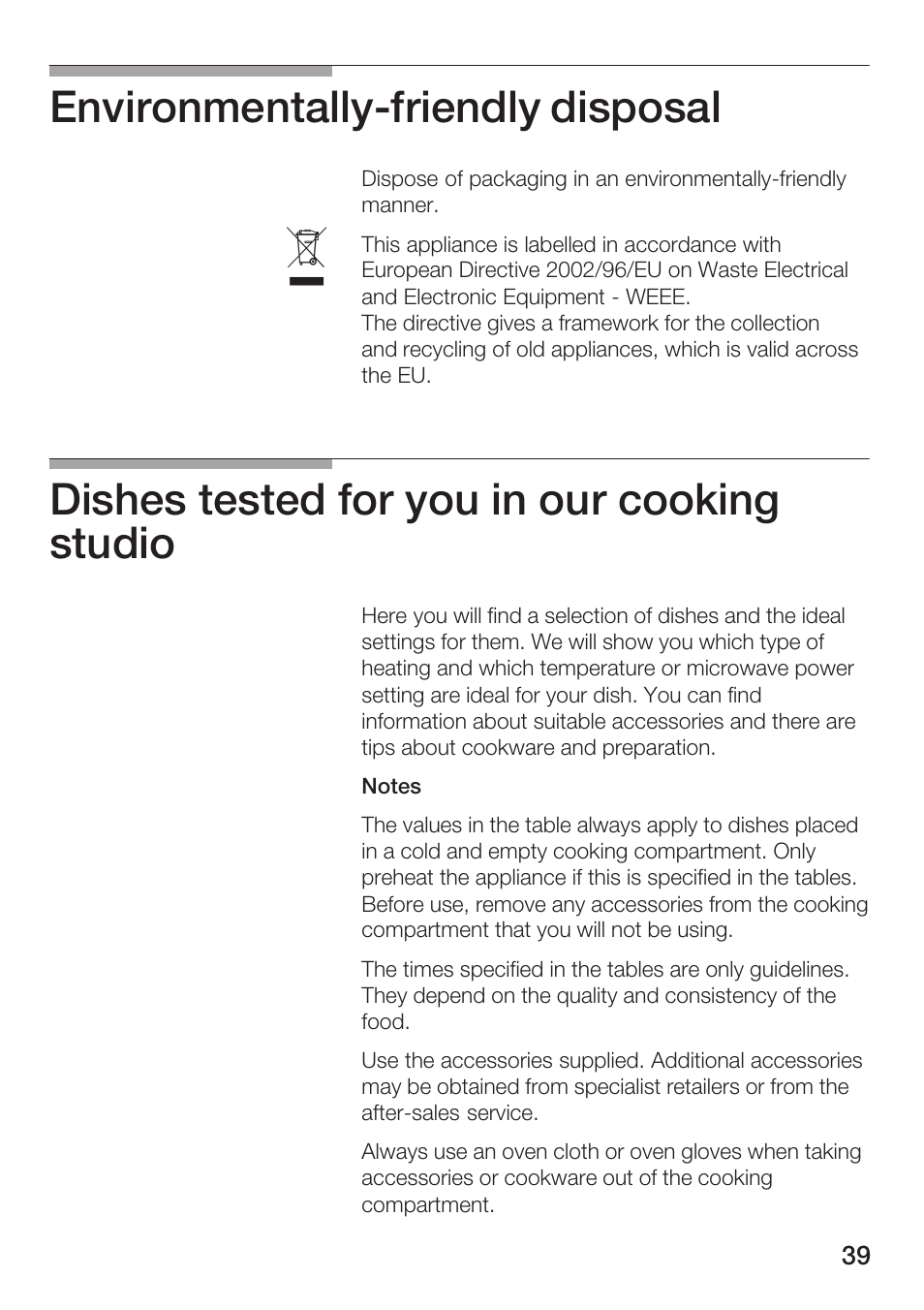 Environmentallyćfriendly disposal, Dishes tested for you in our cooking studio | Bosch HMT 85GL53 User Manual | Page 39 / 204