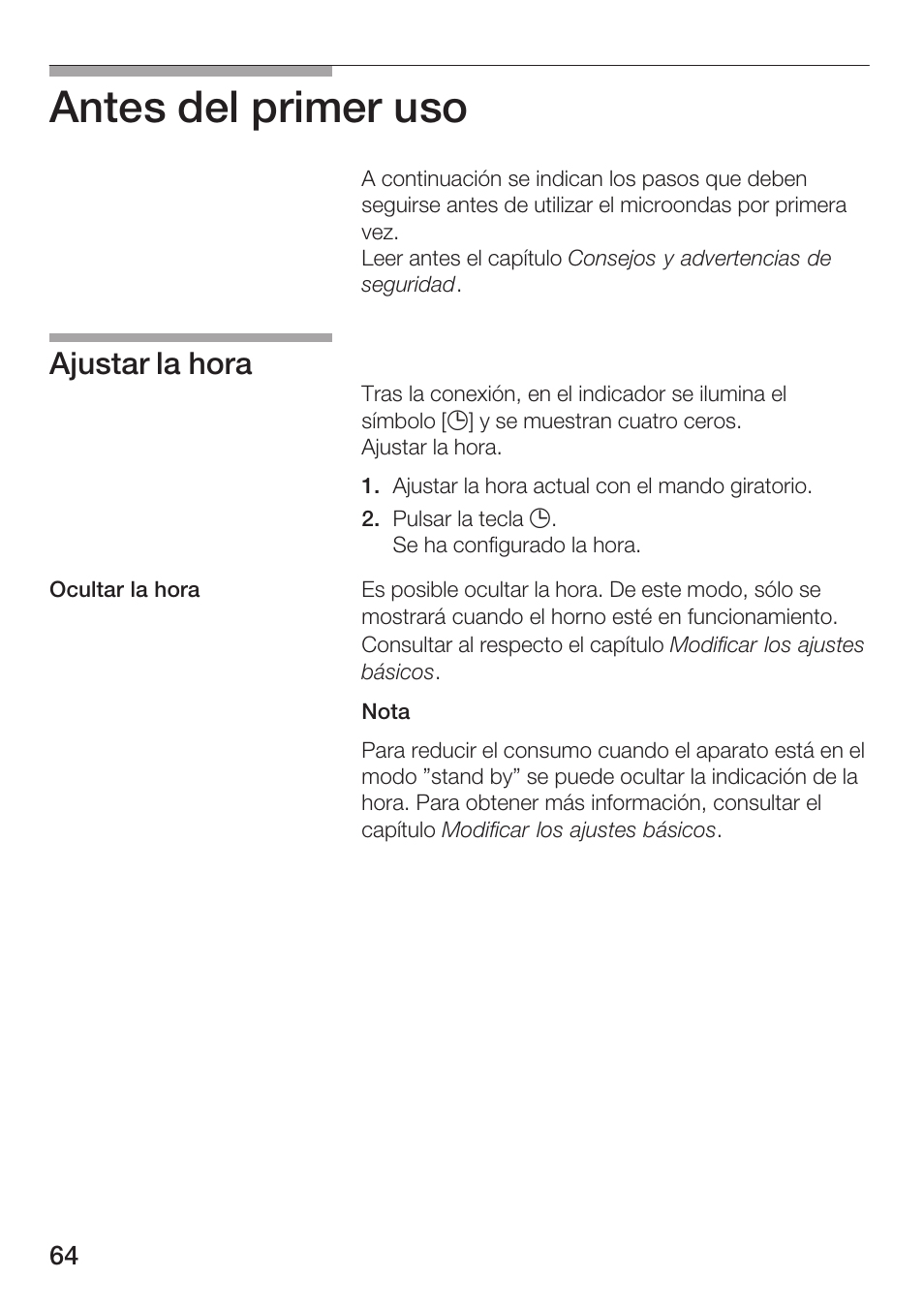 Antes del primer uso, Ajustar la hora | Bosch HMT 85GL53 User Manual | Page 64 / 204