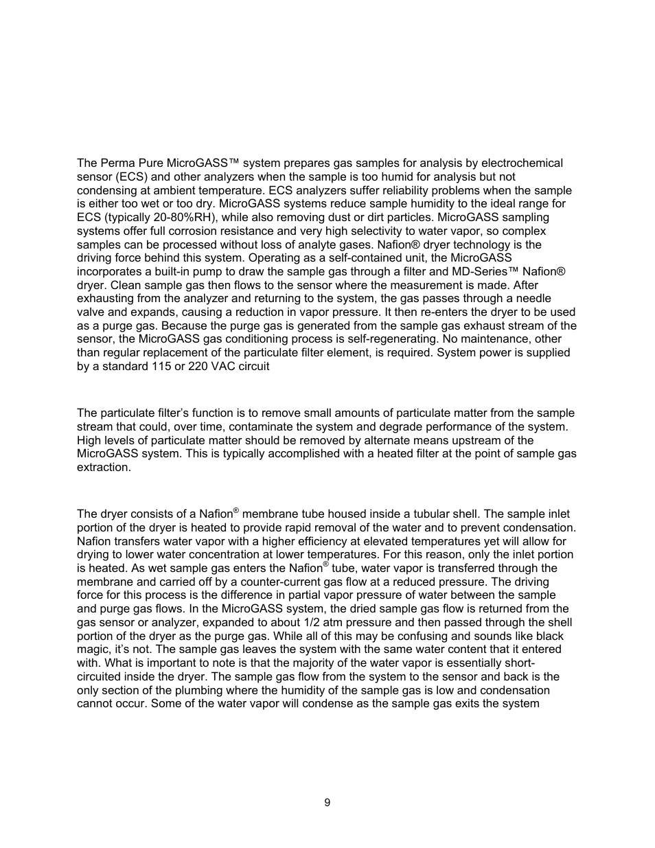 0 system and component description, Microgass™ system, Particulate filter | Nafion® membrane dryer, Microgass™ system particulate filter nafion, Membrane dryer, Nafion | Perma Pure Micro-GASS UG-1212 User Manual | Page 9 / 29