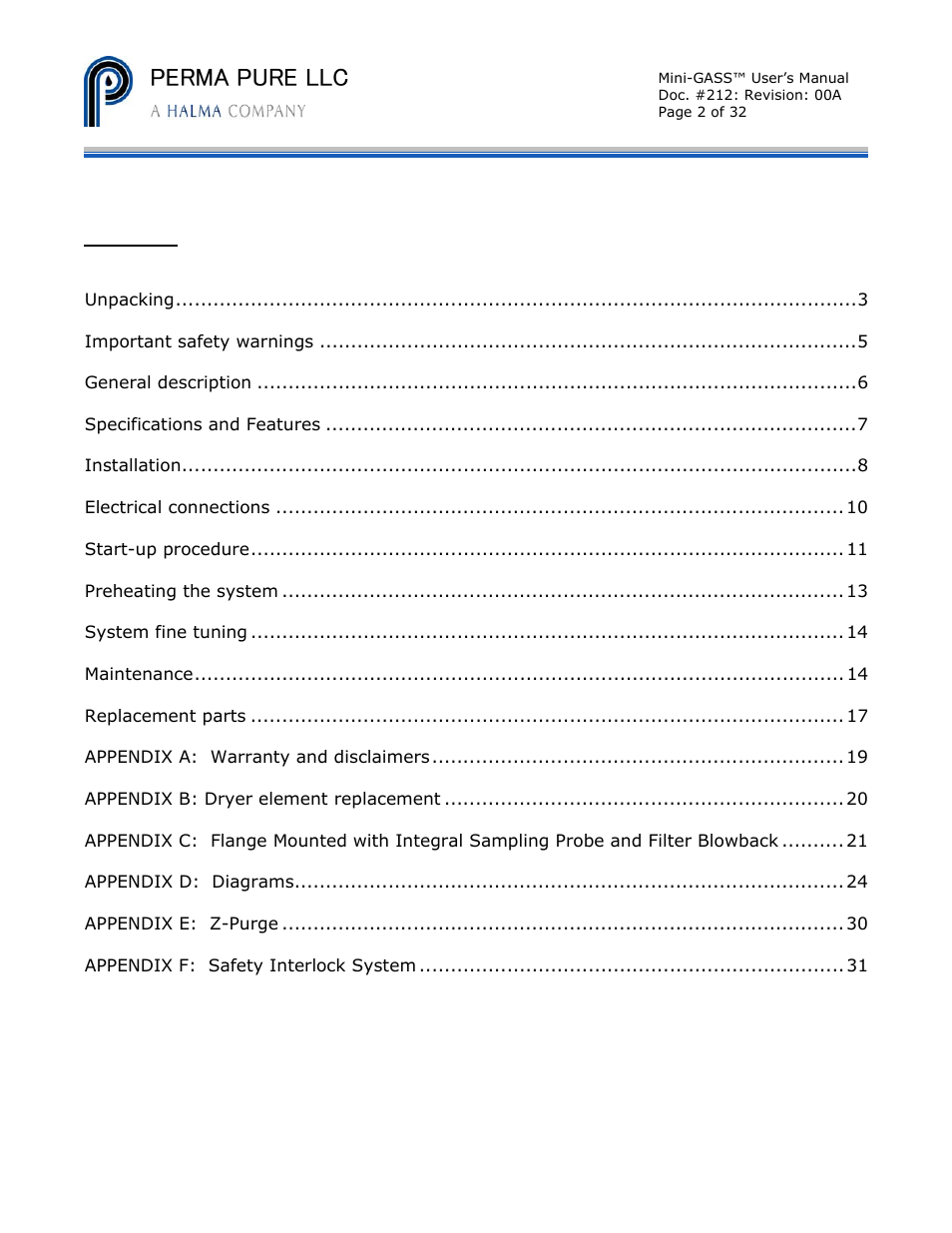 Perma pure llc | Perma Pure Mini-GASS User Manual | Page 2 / 32