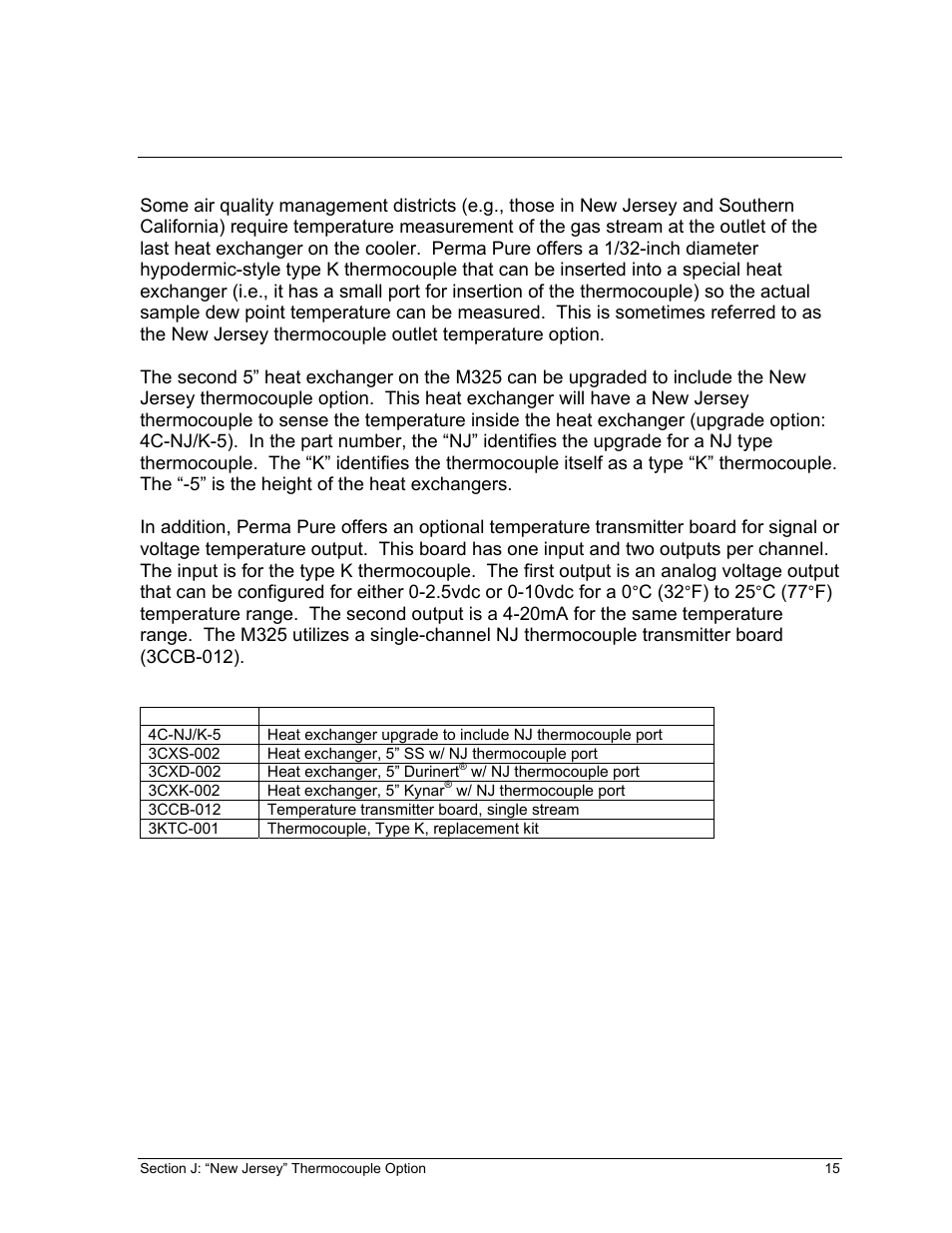 Ersey, Hermocouple, Ption | Perma Pure Baldwin-Series M325 User Manual | Page 15 / 45