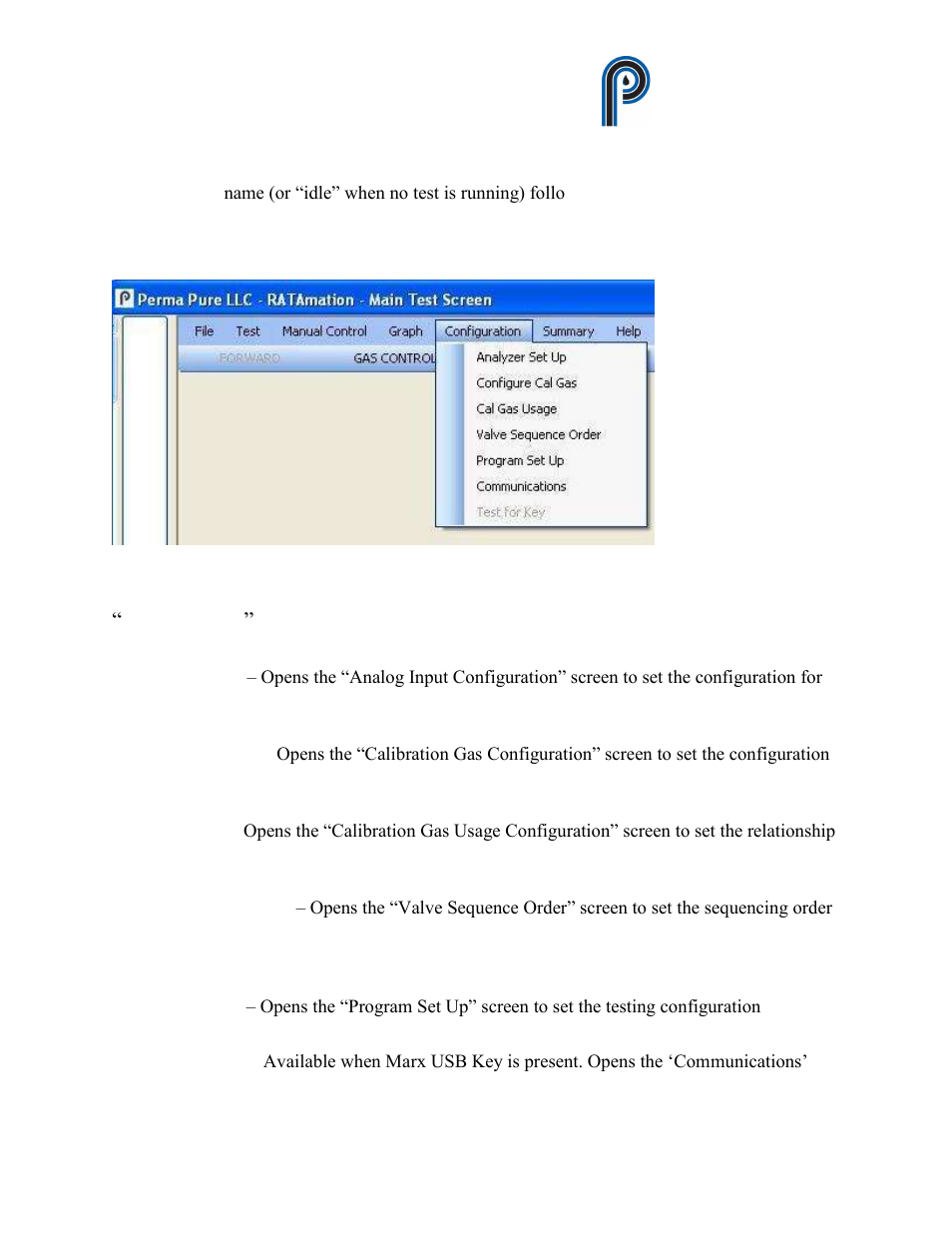 Figure 14, Configuration” sub menu from main menu, Ratamation v2.0 user manual perma pure llc | Perma Pure RATAMATION V2.0 User Manual | Page 18 / 57