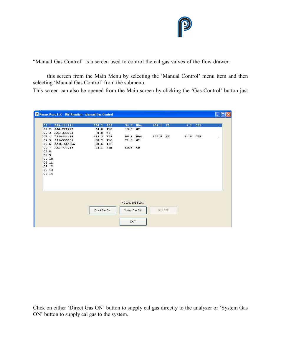 Manual gas control, Figure 17, Manual gas control screen | Ratamation v2.0 user manual perma pure llc | Perma Pure RATAMATION V2.0 User Manual | Page 23 / 57
