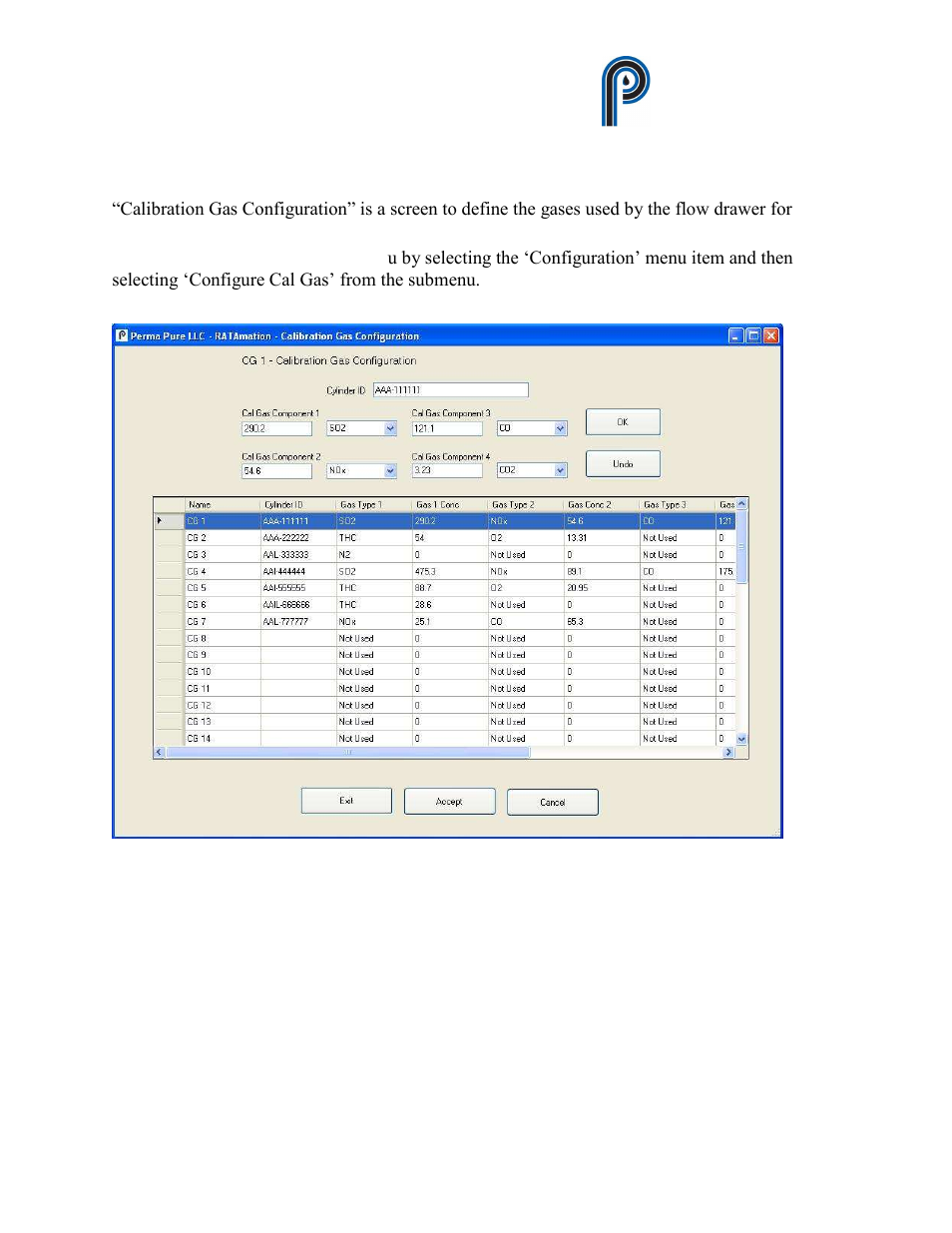 Calibration gas configuration, Figure 19, Calibration gas configuration screen | Ratamation v2.0 user manual perma pure llc | Perma Pure RATAMATION V2.0 User Manual | Page 29 / 57