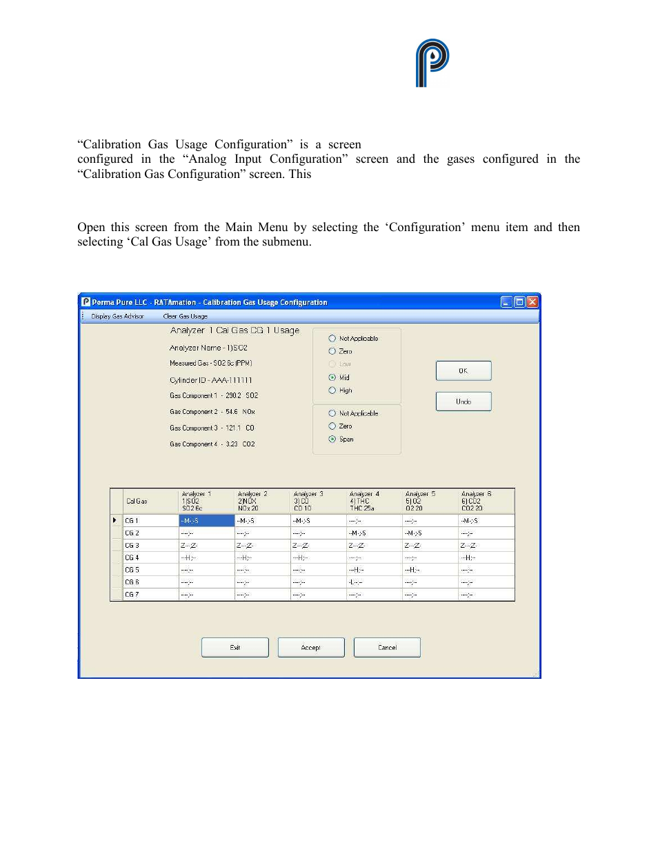 Calibration gas usage configuration, Figure 20, Calibration gas usage configuration screen | Ratamation v2.0 user manual perma pure llc | Perma Pure RATAMATION V2.0 User Manual | Page 32 / 57