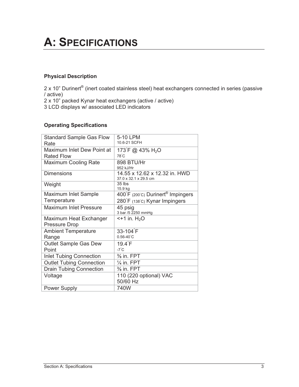 A: s, Pecifications | Perma Pure Baldwin-Series 10410 User Manual | Page 3 / 36