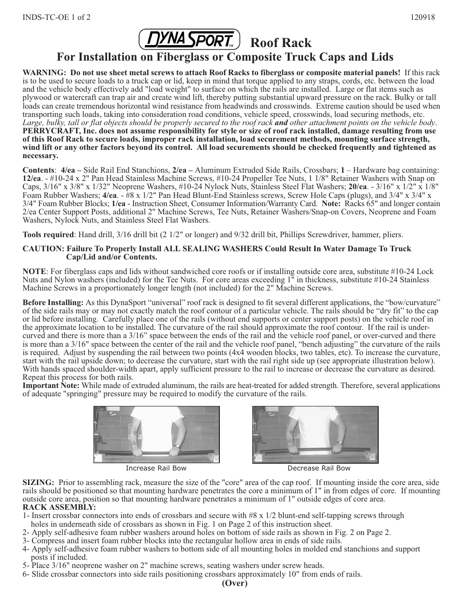 Perrycraft DynaSport Roof Rack OE Fiberglass Hdwr User Manual | 2 pages