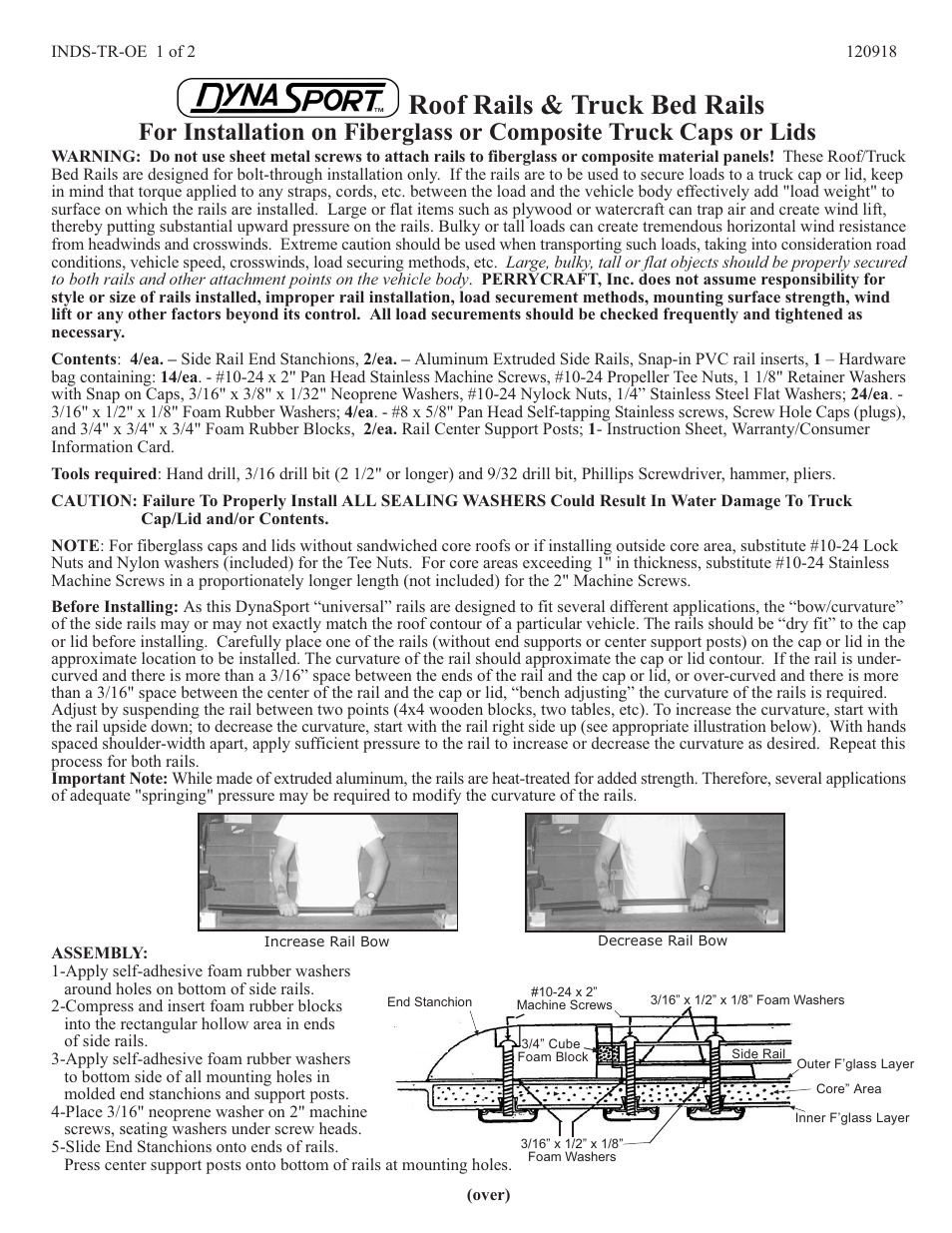 Perrycraft DynaSport Roof Rail OE Fiberglass Hdwr User Manual | 2 pages